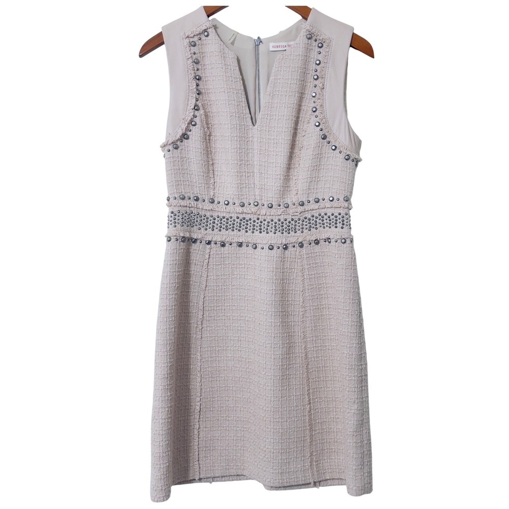 Rebecca Taylor Womens Studded Tweed Leather Trim Dress Size 4 Neutral Sheath